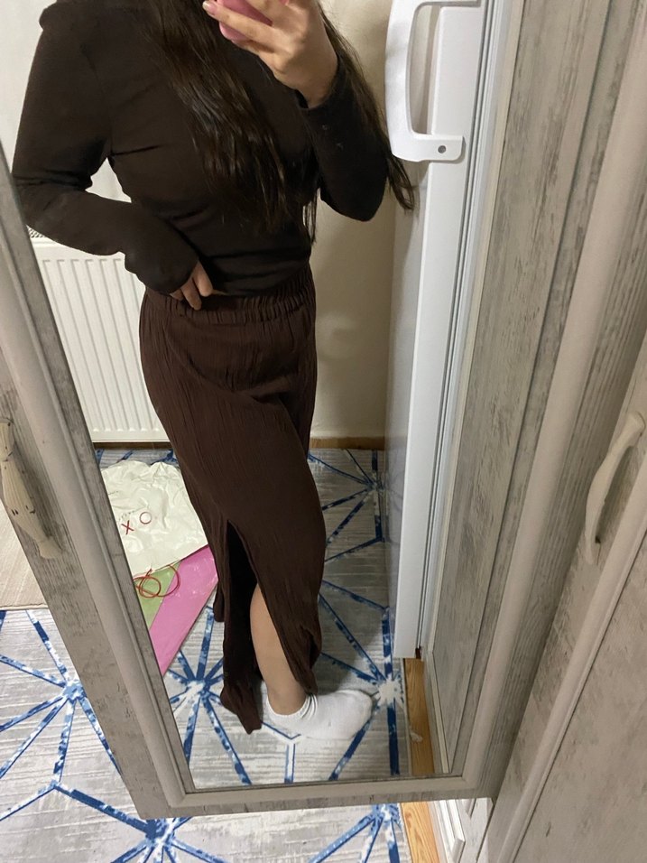 Kadın Kahverengi Keten yırtmaçlı Pantolon - Görsel 3