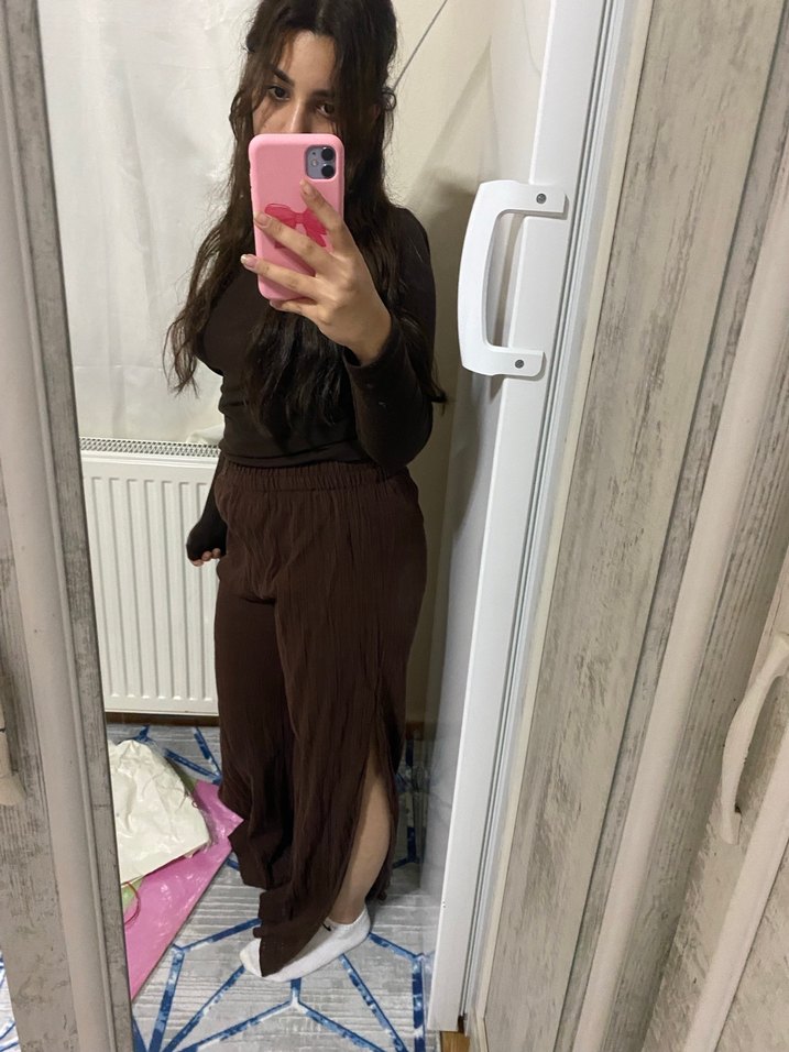 Kadın Kahverengi Keten yırtmaçlı Pantolon - Görsel 4