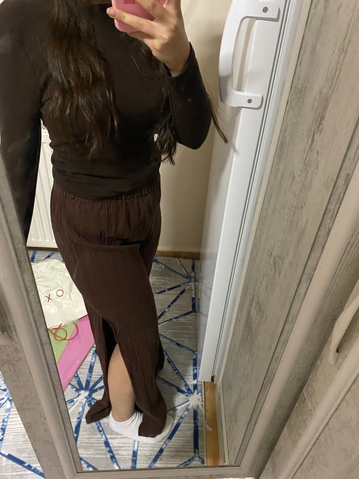 Kadın Kahverengi Keten yırtmaçlı Pantolon - Görsel 2