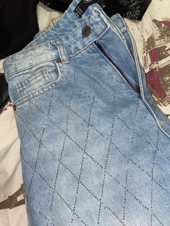 Gri Düğmeli taşlı parlak Salaş Midi Kot Pantolon - Görsel 2