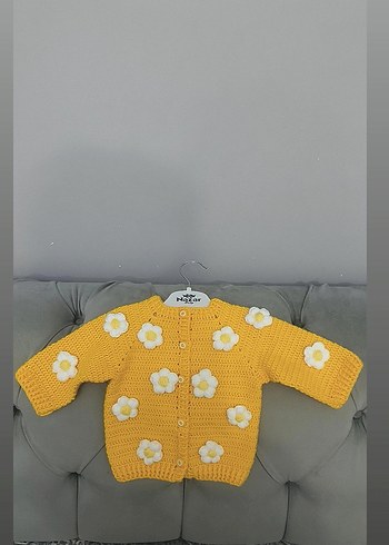 3-6 Ay Beden Sarı Çiçek Desenli Kız Örgü Hırka