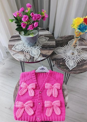 Kız Çocuk Pembe Örgü Fiyonklu Süveter - Görsel 2