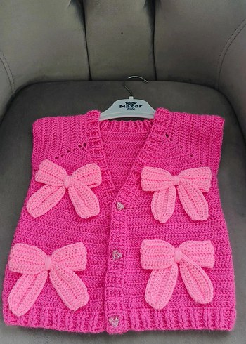 Kız Çocuk Pembe Örgü Fiyonklu Süveter - Görsel 4