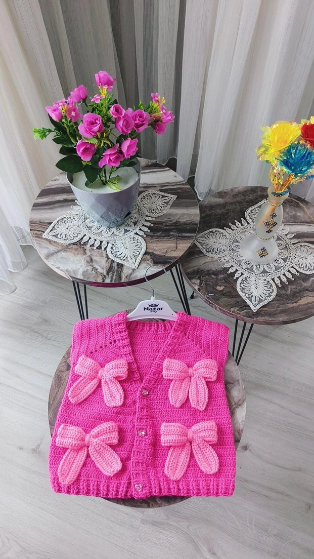 Kız Çocuk Pembe Örgü Fiyonklu Süveter - Görsel 2