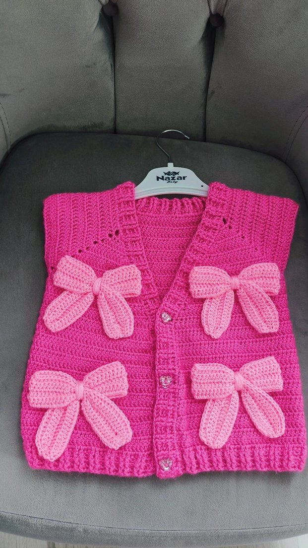 Kız Çocuk Pembe Örgü Fiyonklu Süveter - Görsel 3