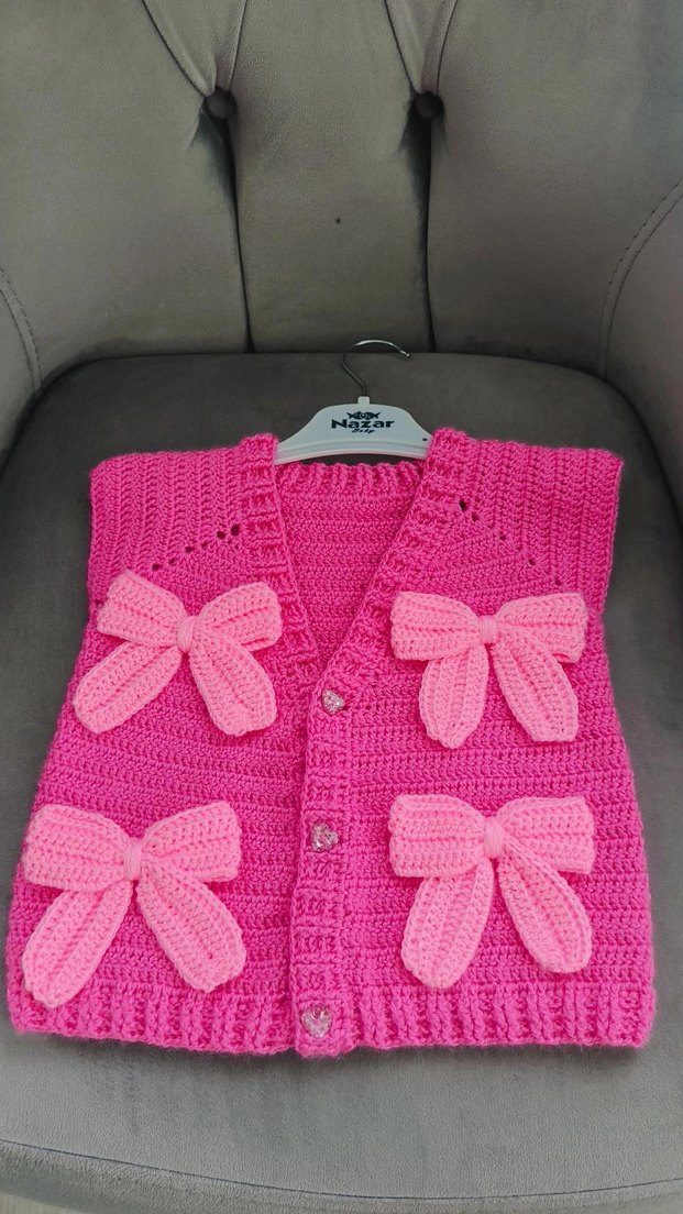 Kız Çocuk Pembe Örgü Fiyonklu Süveter - Görsel 4