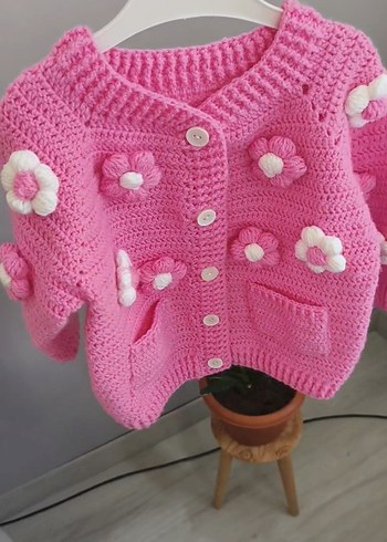 Çiçek Desenli Pembe Örgü Kız Hırkası - Görsel 3