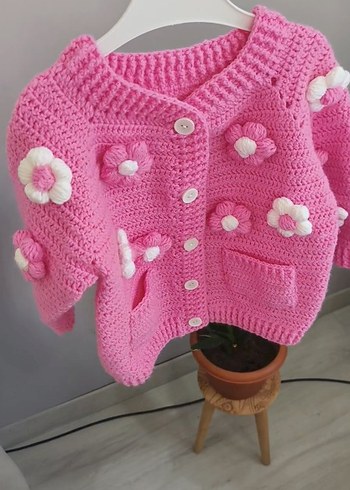 Çiçek Desenli Pembe Örgü Kız Hırkası - Görsel 2