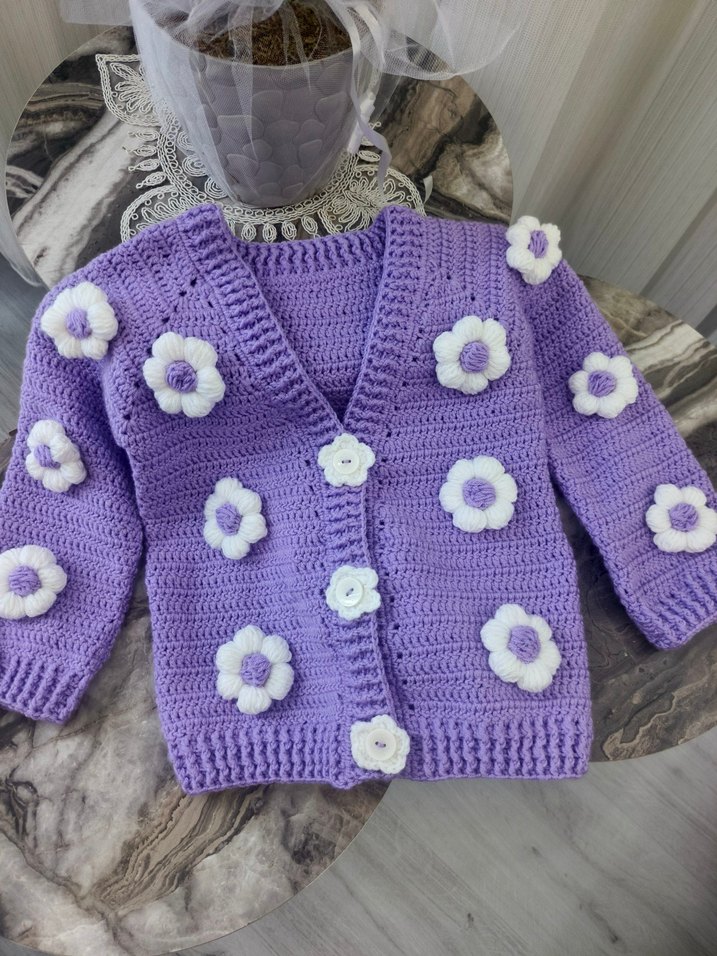 Mor Nakışlı Örgü Kız Hırkası - Görsel 2