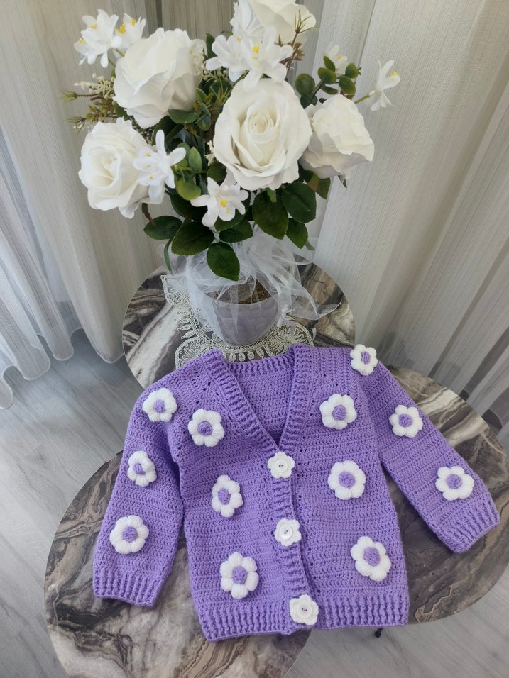 Mor Nakışlı Örgü Kız Hırkası - Görsel 4