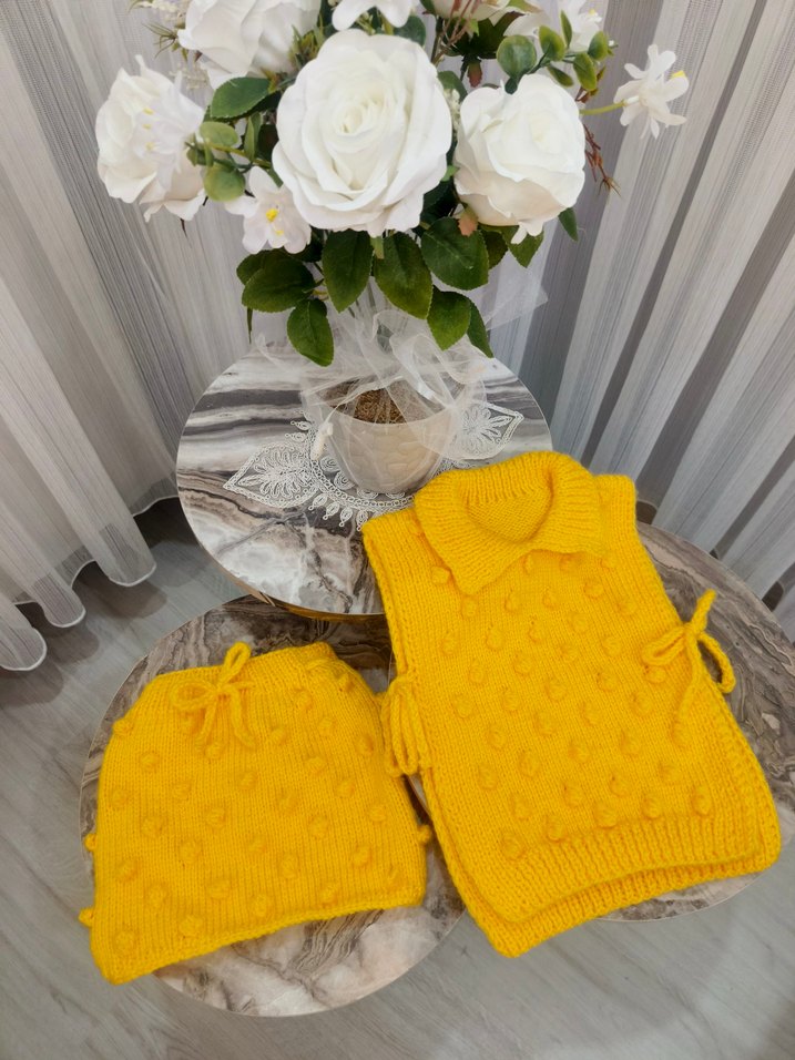 Sarı Kız Çocuk Triko Süveter ve etek  Takımı - Görsel 2