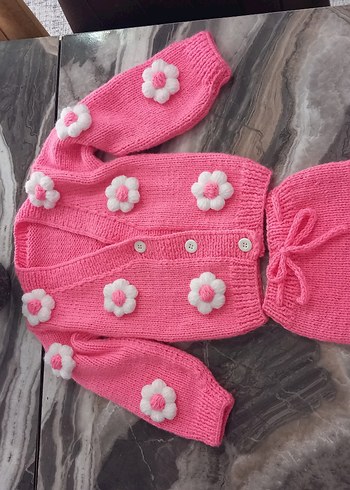 papatyalı Pembe Örgü Kız Hırka - Görsel 4