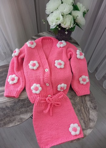 papatyalı Pembe Örgü Kız Hırka - Görsel 2