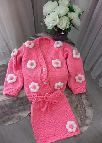 papatyalı Pembe Örgü Kız Hırka - Görsel 3