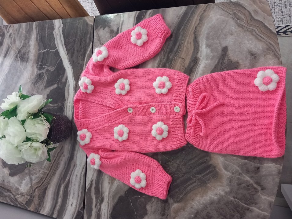 papatyalı Pembe Örgü Kız Hırka - Görsel 4