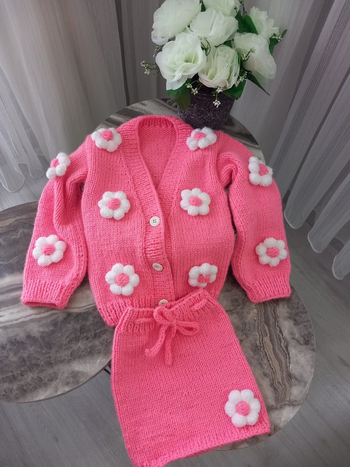 papatyalı Pembe Örgü Kız Hırka - Görsel 2