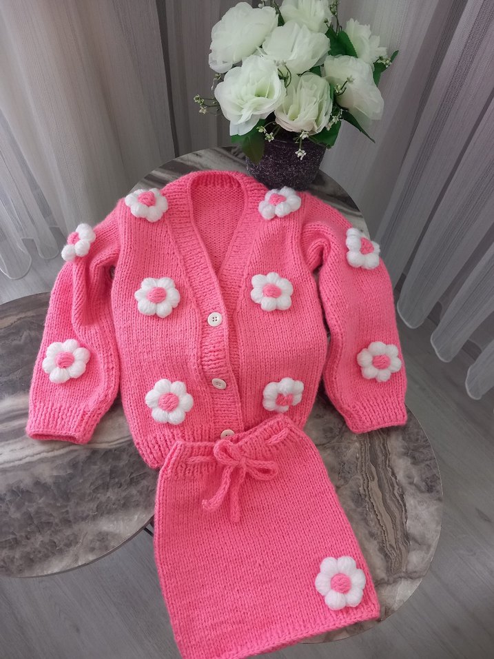 papatyalı Pembe Örgü Kız Hırka - Görsel 3