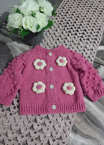 Nakışlı Pembe Kız Çocuk Örgü Hırka - Görsel 2