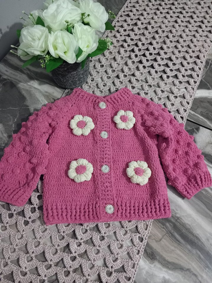 Nakışlı Pembe Kız Çocuk Örgü Hırka - Görsel 2