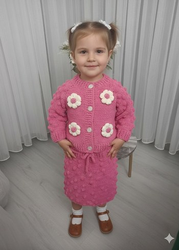 Kız Çocuk Pembe Örgü Hırka ve Etek Takımı - Görsel 3