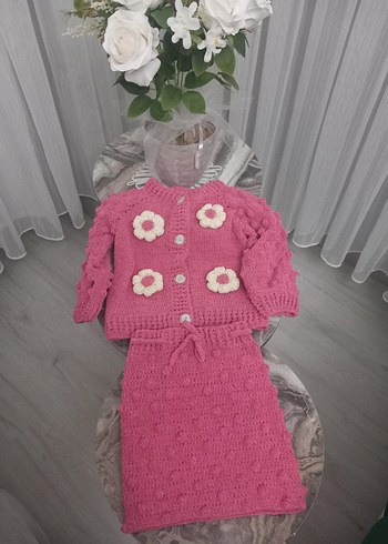 Kız Çocuk Pembe Örgü Hırka ve Etek Takımı - Görsel 2