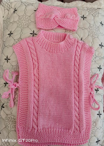 Kız Çocuk Pembe Bohem Örgü Süveter ve Saç Bandı