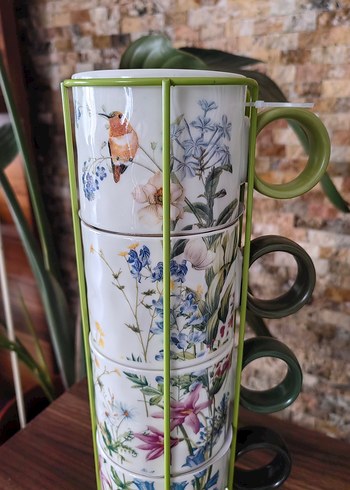 Çiçek Desenli 4'lü Yeşil Pastel Kupa Seti - Görsel 4