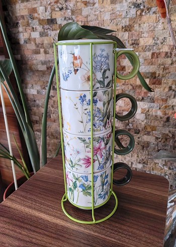 Çiçek Desenli 4'lü Yeşil Pastel Kupa Seti - Görsel 3