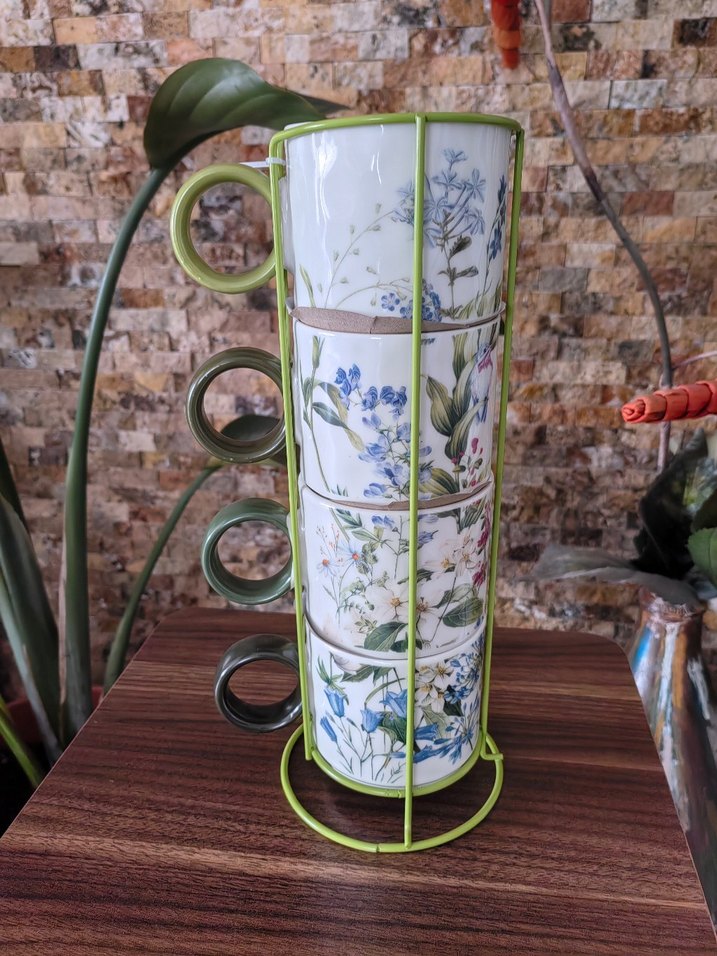 Çiçek Desenli 4'lü Yeşil Pastel Kupa Seti - Görsel 2