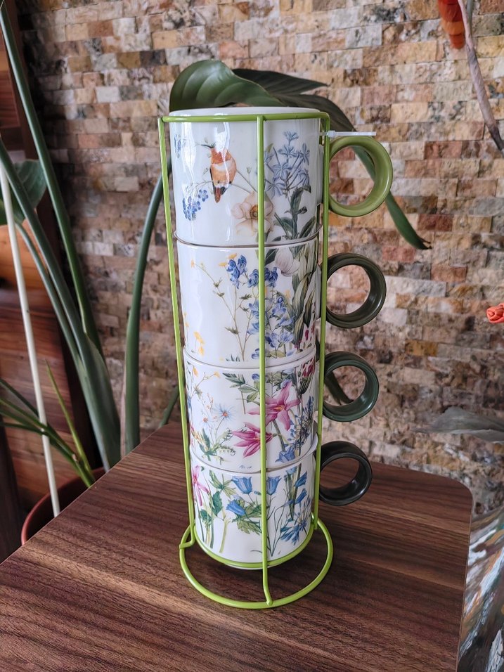 Çiçek Desenli 4'lü Yeşil Pastel Kupa Seti - Görsel 3