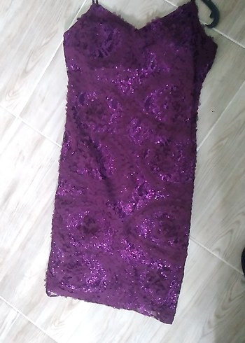 Diğer Mor Dantel Detaylı Midi Abiye Elbise
