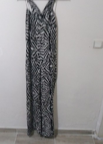 m Beden Zebra Desenli Siyah Gri Kadın cepli Tulum