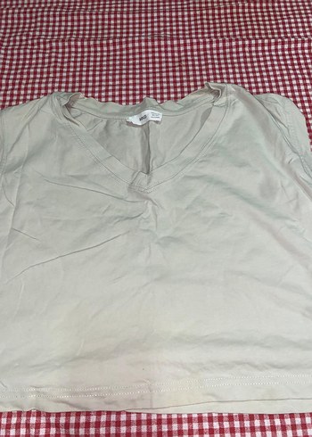 V Yaka Bej Keten Kadın Tişört