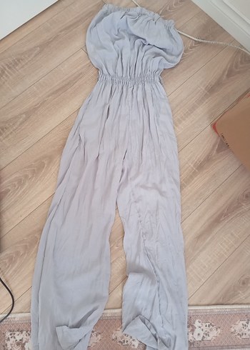 Kadın Gri Uzun Saten Straplez Tulum