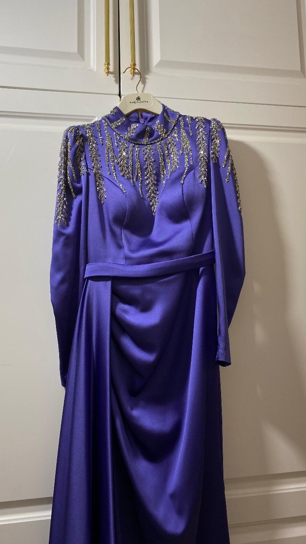 Parlak Mor Uzun Kadın Abiye Elbise - Görsel 3