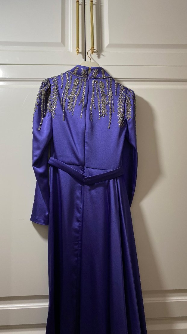 Parlak Mor Uzun Kadın Abiye Elbise - Görsel 4