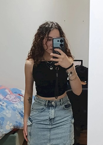 Kadın Siyah Straplez Denim Crop Top