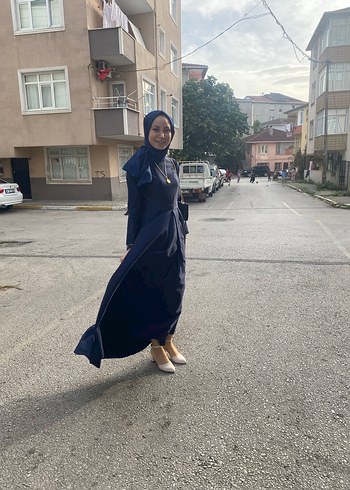 Diğer Lacivert Yüksek Yakalı Salaş Uzun Elbise