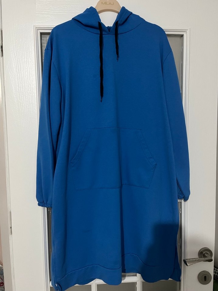 Mavi Kapüşonlu Rahat Kesim Sweatshirt Elbise - Görsel 2
