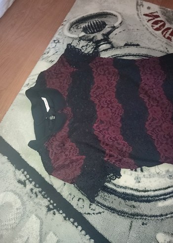 m Beden bordo Renk Bordo Dantelli Fitilli Triko Elbise