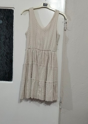 V Yaka Dantelli Mini Bohem Elbise (Rengi kırık beyazımsı)