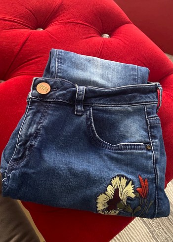 Nakışlı Düğmeli Kadın Mini Kot Pantolon