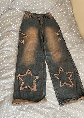 xs Beden Nakışlı Bol Kesim Midi Kot Pantolon