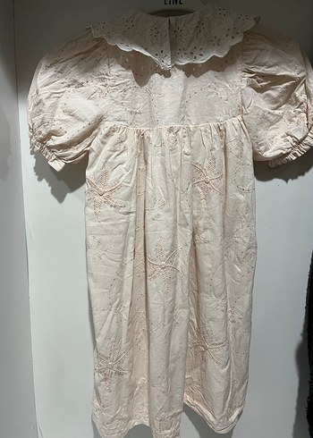 Kız Çocuk Bej Nakışlı Keten Elbise - Görsel 5