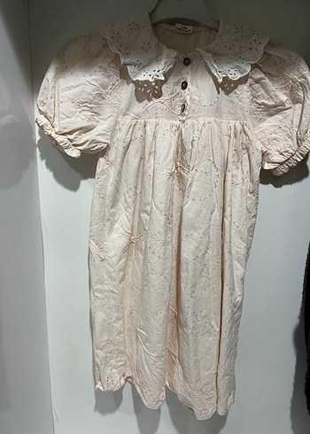 Kız Çocuk Bej Nakışlı Keten Elbise - Görsel 2