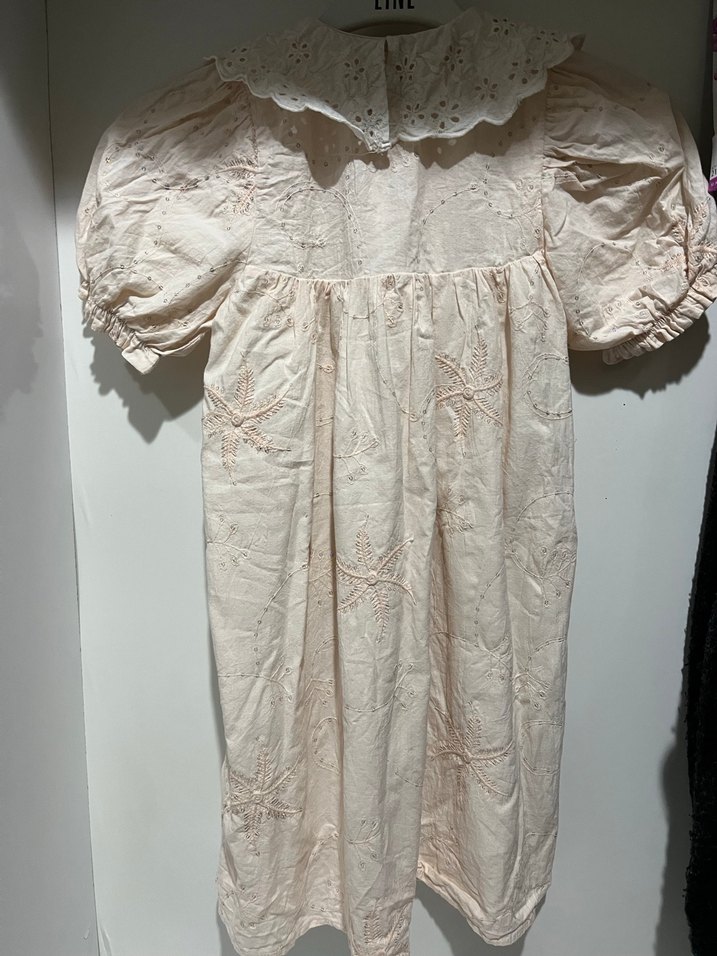 Kız Çocuk Bej Nakışlı Keten Elbise - Görsel 5