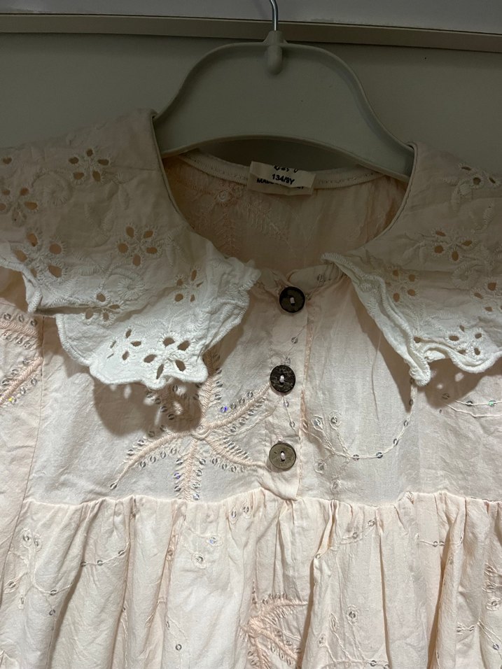 Kız Çocuk Bej Nakışlı Keten Elbise - Görsel 3