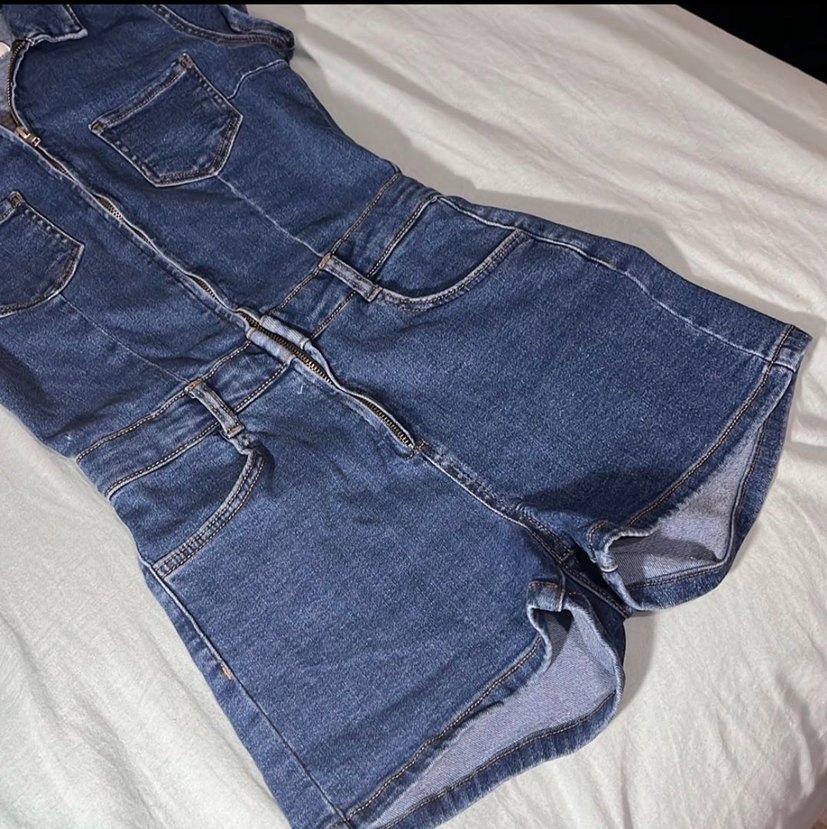 bershka mavi Denim Fermuarlı Kadın Tulum - Görsel 3