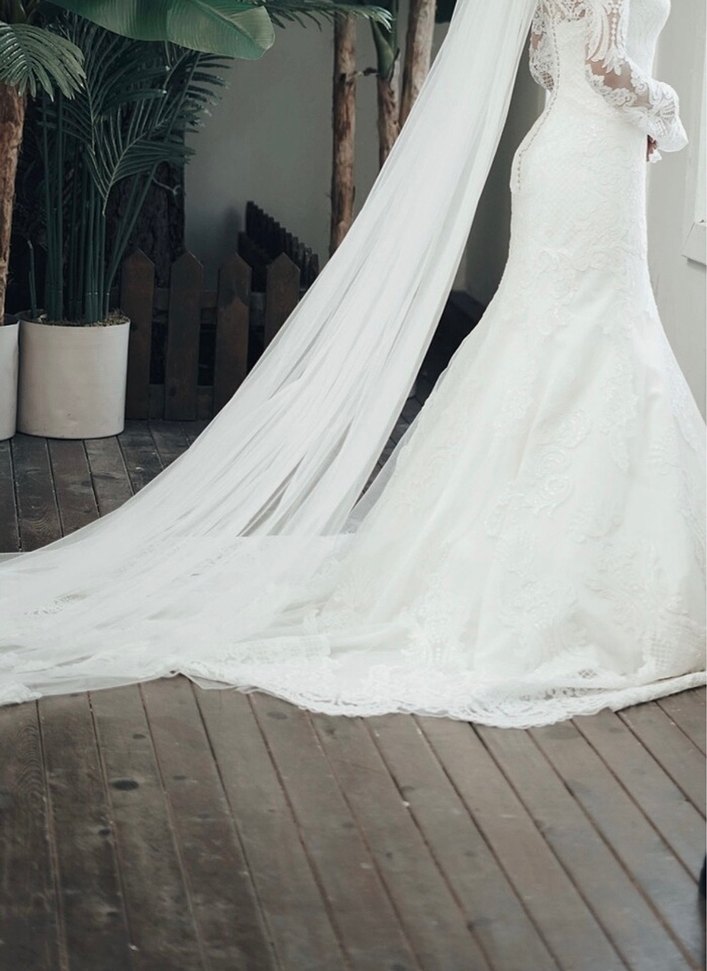 Uzun Kollu Beyaz Balık Gelinlik - Görsel 3