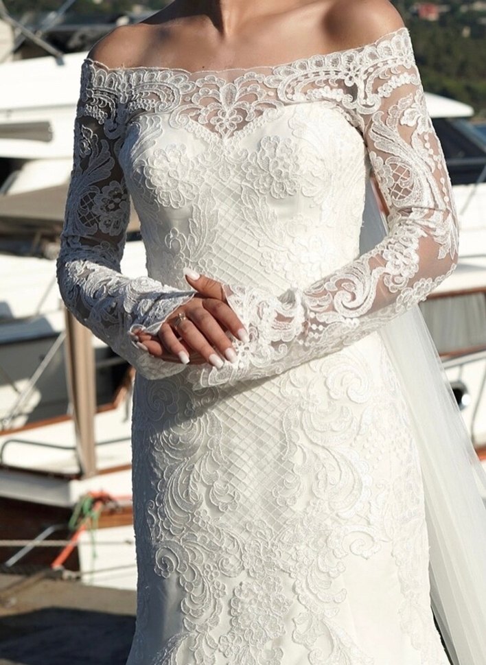 Uzun Kollu Beyaz Balık Gelinlik - Görsel 2